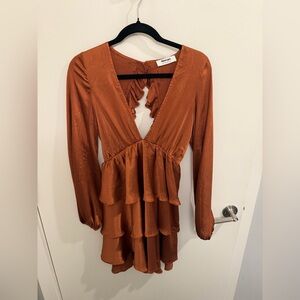 Showpo Rust Long Sleeve Ruffle Dress